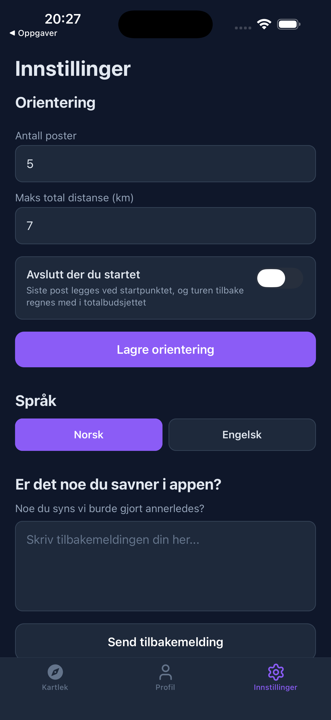 Innstillinger — full kontroll på data og varsler.